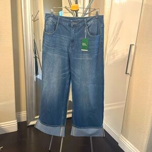 Halara Flex High Waist Cuffed Wide Leg Stretch Knit Blue Jeans Size L